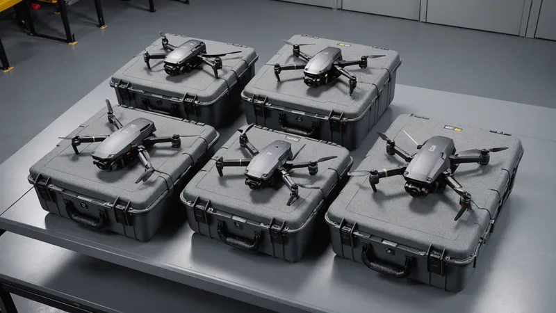 Row of commercial drones stored in organized carrying cases in a facility