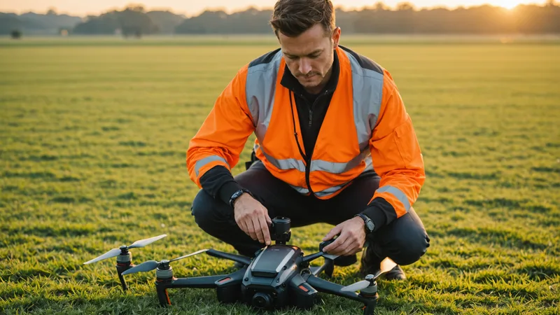 Drone technician examining propeller blades during field maintenance