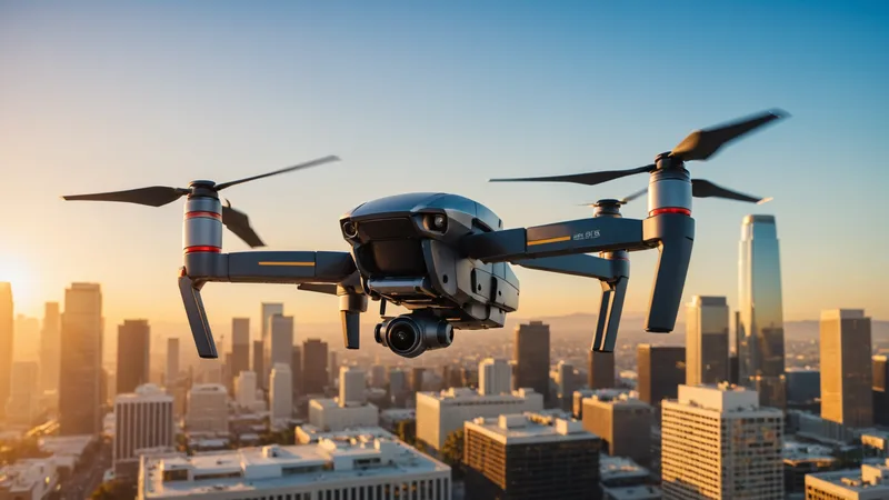 Commercial drone hovering over Los Angeles urban landscape