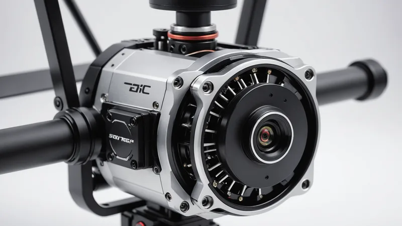 Extreme close-up of drone gimbal and motor assembly components