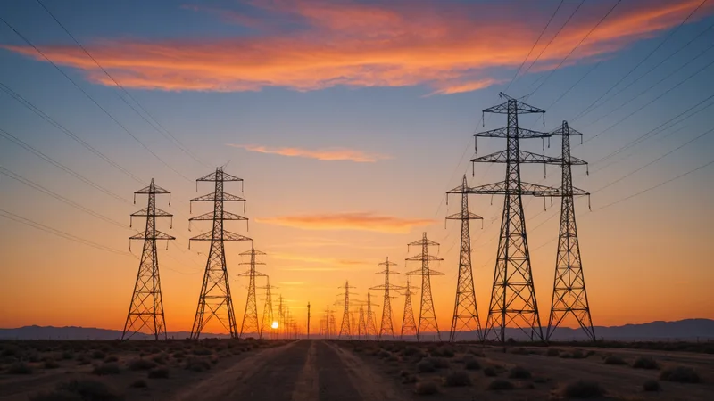 High-voltage power transmission towers stretching to horizon at sunset