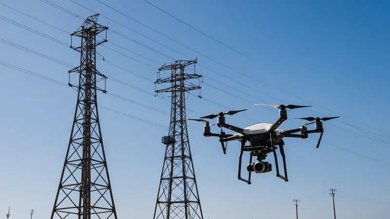 Commercial inspection drone in flight alongside power line infrastructure